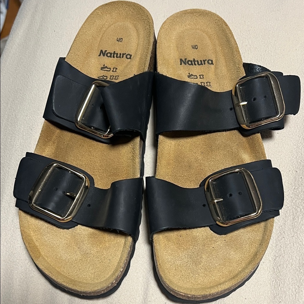 Natura women’s Black Sandals with Gold Buckles NEW